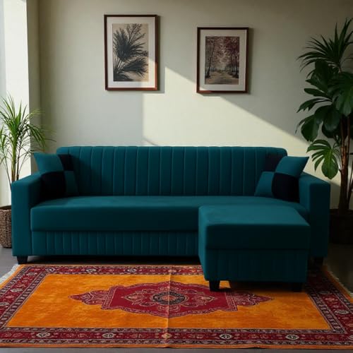 FURNY Grovila Fabric 4 Seater Convertiable L Shape Sofa Set 3 Seater Modern Sofa Set & Ottoman for Living Room (GreenishTeal) with Velvet Fabric | Dur