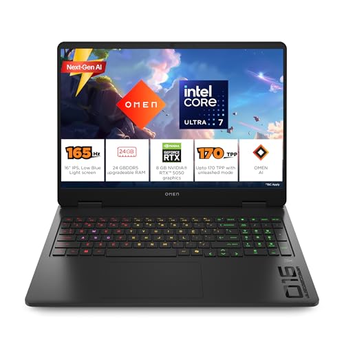 HP Omen, Intel Core Ultra 7 255H (8GB RTX 5050, 24GB DDR5(Upgradeable) 1TB SSD, 2K, 165Hz) Gaming Laptop