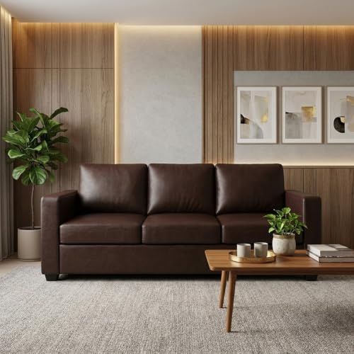 FURNY Harloy 3 Seater Leatherette Sofa Set (Warm Brown) in Premium Finish | Durable Comfort | Ideal for Living Room