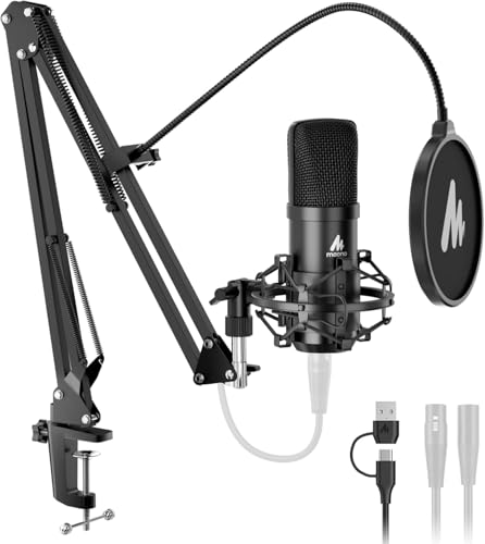 A04-Gen2 XLR/USB Condenser Mic for Podcast: 192kHz/24Bit Cardioid Microphone for YouTube with Noise Cancellation Software, Metal Arm Kit, Professional