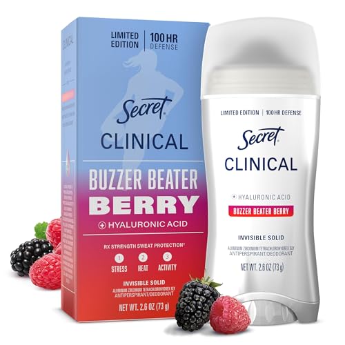 Secret Clinical Strength 100HR Hyaluronic Acid Antiperspirant Deodorant for Women, Invisible Solid, Buzzer Beater Berry, 2.6 oz