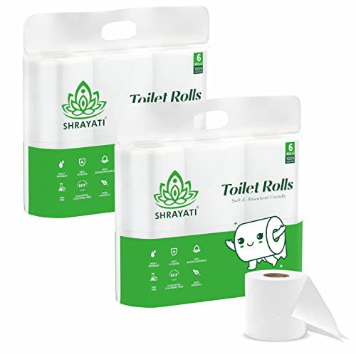 Shrayati Toilet Paper Roll, 2 Ply, Pack of 12 Rolls | 2700 Pulls | 225 Pulls x 12 Rolls | Biodegradable Toilet Paper, Non-Clogging Super Absorbent Toi