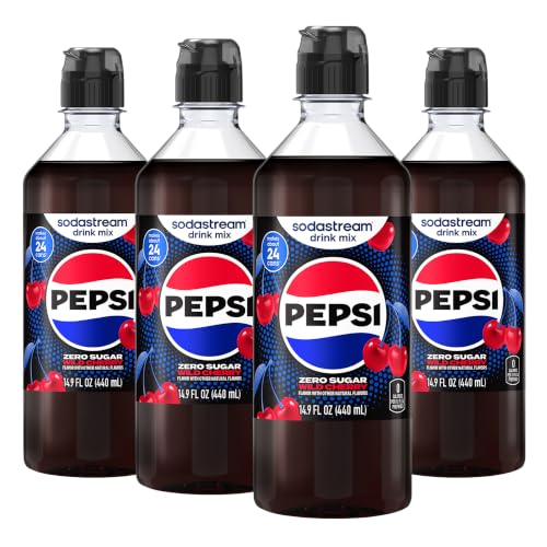 SodaStream Wild Cherry Pepsi Zero Sugar Drink Mix, 4 Pack Cherry Cola Syrup for Sparkling Water Makers, Real Taste Zero Syrup, Control Your Fizz with Soda Stream Flavors, 4 x 14.9 Fl Oz (440ml)