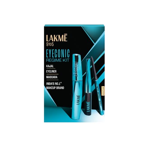 LAKME Eyeconic Regime Kit, Kajal 0.35g, Eyeliner 4.5 ml, Mascara 9 ml, Pack of 3, with Intense Black Pigment, Smudgeproof and Waterproof, Lasts Upto 2