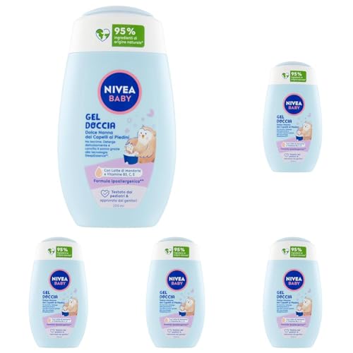 🔥 STARKER PREIS (-26%) NIVEA Baby Duschgel Sweet Nanna mit Füßen 200 ml, Babybadewanne für Körper und Haar, Babybadewanne mit Tränenschutz, Baby-Shampoo für den Schlaf (Packung mit 5)