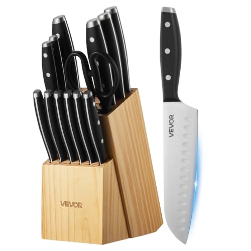 (-43%) VEVOR Küchenmesserset mit Messerblock (Holz) & Wetzstahl, 15-tlg. Messerset, Messer aus hochkohlenstoffhaltigem Edelstahl, Küchenbesteck mit ergonomischem Griff & Küchenschere für Hobbyköche