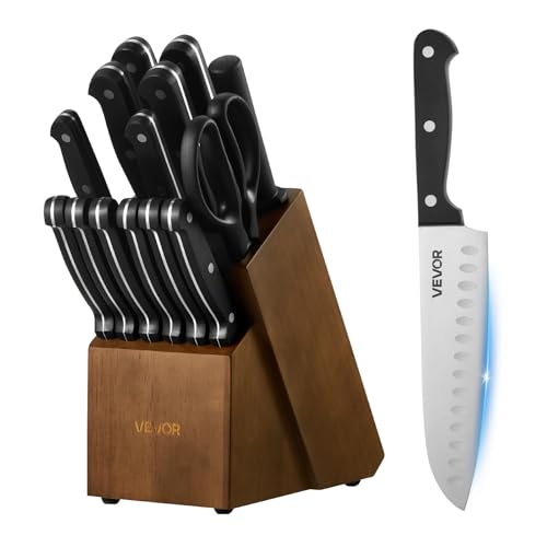 (-36%) VEVOR Küchenmesserset mit Messerblock (Holz) & Wetzstahl, 15-tlg. Messerset aus scharfen Messern aus hochkohlenstoffhaltigem Edelstahl, Küchenbesteck mit ergonomischem ABS Griff, für Hobbyköche