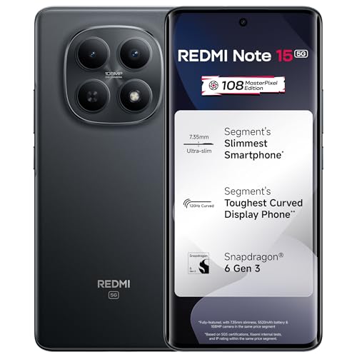 REDMI Note 15 5G (Black, 8GB RAM 256GB Storage) | 108MP OIS Camera | Snapdragon 6 Gen 3 | 17.2cm Tough Curved AMOLED Screen | Segment's Slimmest Phone