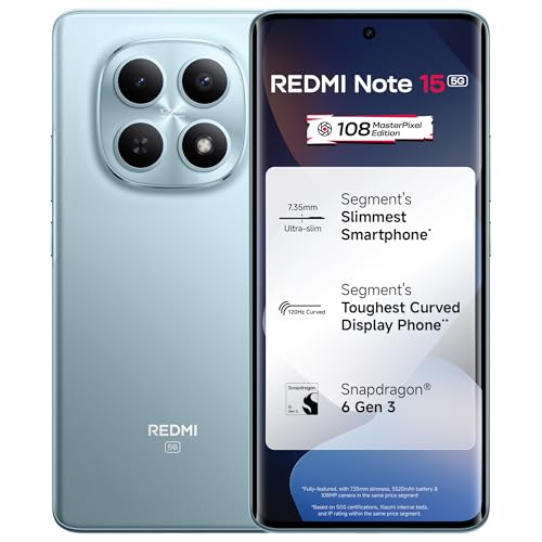 Redmi Note 15 5G (Glacier Blue, 8GB RAM 128GB Storage) | 108MP OIS Camera | Snapdragon 6 Gen 3 | 17.2cm Tough Curved AMOLED Screen | Segment's Slimmes