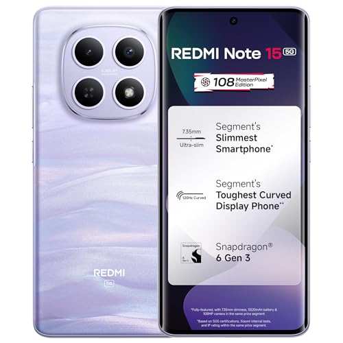REDMI Note 15 5G (Mist Purple, 8GB RAM 128GB Storage) | 108MP OIS Camera | Snapdragon 6 Gen 3 | 17.2cm Tough Curved AMOLED Screen | Segment’s Slimmest
