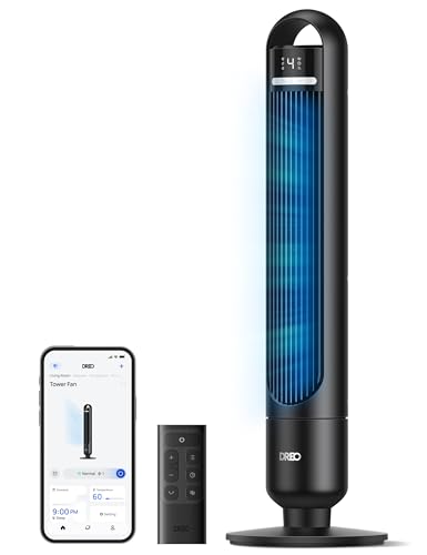 DREO Ventilador de torre inteligente para quarto e casa, fluxo de ar potente de 7,9 m/s, cobertura de 10 m, temporizador de 1-12H, 4 velocidades, 3 modos, ventilador sem lâmina de 28 dB com controle
