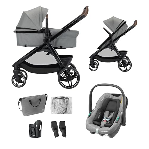 (-18%) Maxi-Cosi Zelia Select Trio, Baby Kinderwagen 3 in 1 mit Kindersitz, 0–4 Jahre (0–22 kg), Einhändig Klappbar, Kompaktes und Wendbares Kinderwagen Set, Mit CabrioFix S i-Size-Kindersitz, Grau
