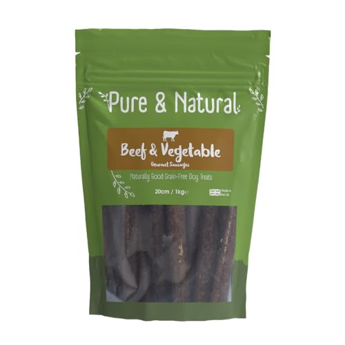 Pure & Natural Beef & Vegetables Dog Sausages 1kg - 20cm High-Protein Grain-Free Meat Treats for Training & Rewards - Delicious Natural Hypoallergenic Snack - Made in Britain