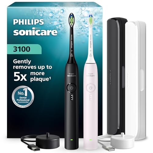 (-28%) Philips Sonicare Series 3100 Elektrische Zahnbürste – Schallzahnbürste, Drucksensor, 3 Intensitäten, EasyStart, SmarTimer, 14 Tage Laufzeit, Reiseetui, Schwarz & Rosa, 2er, HX4072/42, [Neu]