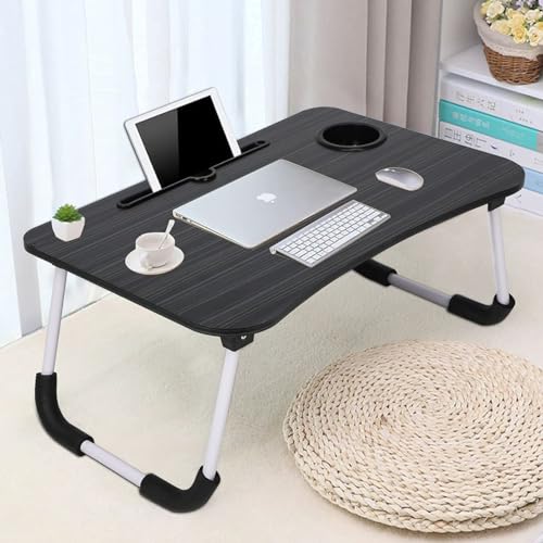 TEKCOOL Study Table Foldable Wooden Laptop Bed Tray Table, Multifunction Lap Tablet Desk with Cup Holder, Perfect for Eating Breakfast, Reading Book, 