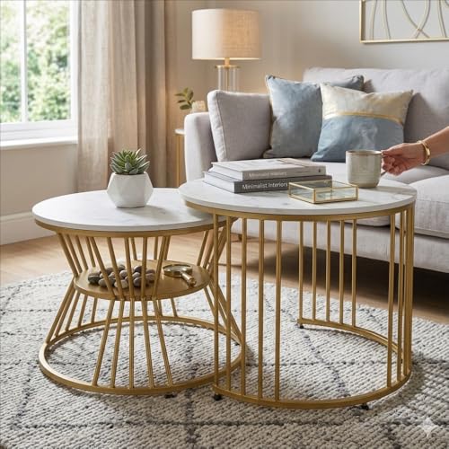 Amazon Brand - Solimo Nature Haven Round Nesting Coffee Table Set of 2 | Marble Veneer Top with Metal Frame | Golden White | L 51.5 x W 51.5 x H 41.5 