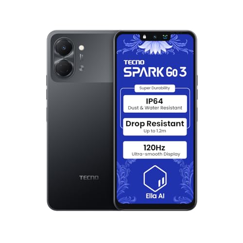 Tecno Spark GO 3 (Ink Black, 4GB+64GB | Super Durability Drop Resistant & IP64 Rated | Make Calls Without Network* |Ella Al in Your Own Language | Sup