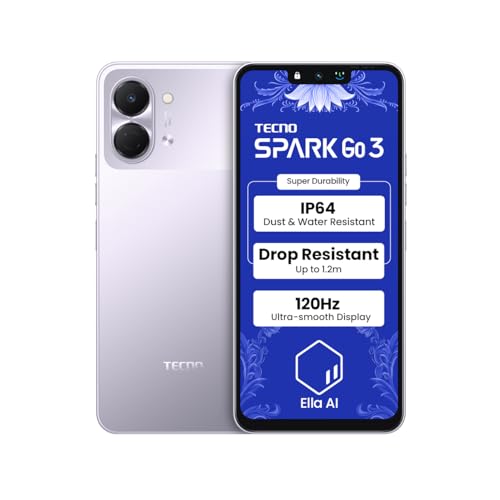 Tecno Spark GO 3 (Aurora Purple, 4GB+64GB | Super Durability Drop Resistant & IP64 Rated| Make Calls Without Network* |Ella Al in Your Own Language| S