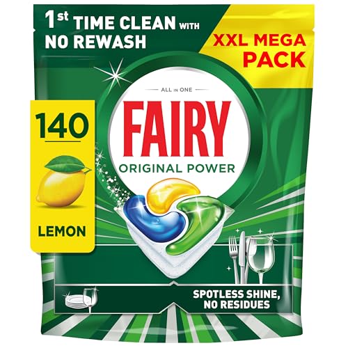 Fairy Original Power Dishwasher Tablets Lemon, 140 Capsules, 1st Time Cleaning Action with No Rewash, Effective on 100% Grease, Spotless Shine Without Residues