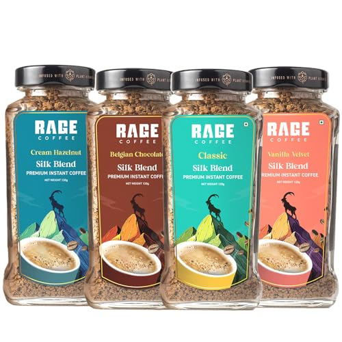 RAGE COFFEE Silk Blend Instant Coffee Combo Pack of 4 | Classic, Belgian Chocolate, Creamy Hazelnut & Vanilla Velvet | Premium Bold & Smooth Flavors |