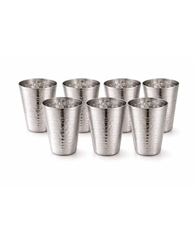 Tosaa Stainless Steel V Shape Hammered Finish Glasses Pack of 6 - Non-Reactive Material Keeps Beverages Safe and Fresh, Suitable for Water, Juice, Mil