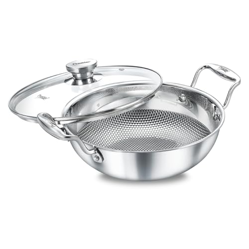 Prestige Tri-Ply Designer Stainless Steel Cookware Kadai | 20cm / 1.6L | with Glass Lid | Durable & Even Heat Distribution | Silver