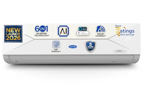 Carrier 1 Ton 3 Star, New Star rated, Wi-Fi Smart Flexicool Inverter Split AC (Copper, Convertible 6-in-1 with Wi-Fi with Geo-Fencing, Smart Energy Di
