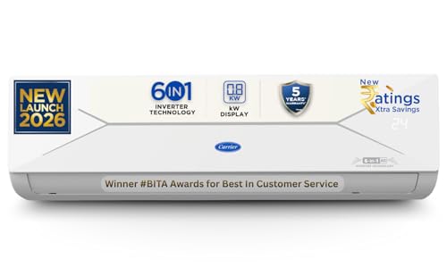 Carrier 1.5 Ton 5 Star, New Star rated, Flexicool Inverter Split AC (Copper, Convertible 6-in-1 with Smart Energy Display, Insta Cool, Auto Clean and 