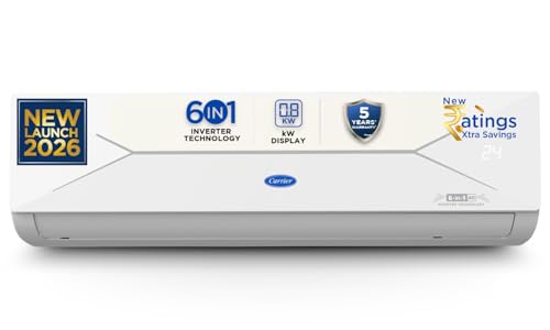 Carrier 1.5 Ton 3 Star, New Star rated, Flexicool Inverter Split AC (Copper, Convertible 6-in-1 with Smart Energy Display, Insta Cool, Auto Clean, PM 