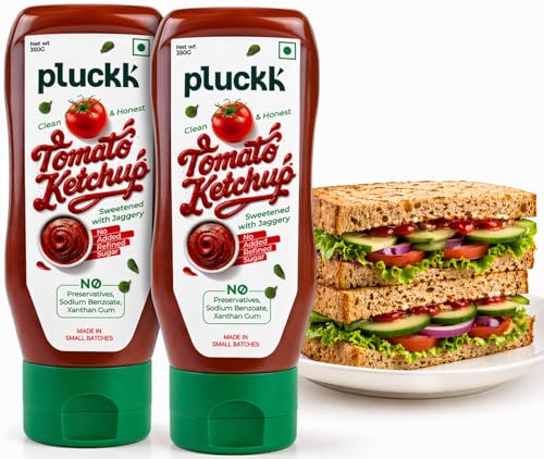 Pluckk Tomato Ketchup - Pack of 2 (350g Each) | Sugar Free Ketchup | Sweet & Spicy made with jaggery | No Added Chemicals & Preservatives | 100% Real 