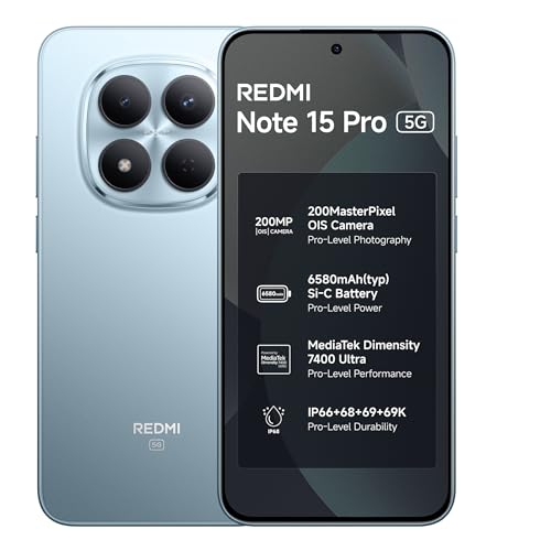 REDMI Note 15 Pro 5G (Mirage Blue, 8GB+128GB) | 200MasterPixel OIS Camera | Dimensity 7400-Ultra | 17.3cm CrystalRes AMOLED Screen | IP66/68/69/69K |*