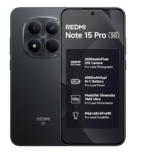 REDMI Note 15 Pro 5G (Carbon Black, 8GB+256GB) | 200MasterPixel OIS Camera | Dimensity 7400-Ultra | 17.3cm CrystalRes AMOLED Screen | IP66/68/69/69K |