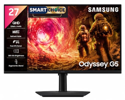 Samsung 27" Odyssey G5 Fast IPS Gaming Monitor (Smartchoice) | QHD 2560 x 1440 | 180 Hz | 1ms | 300nits| HDR10 | AMD FreeSync| G-Sync| Ports-DP,HDMI,H