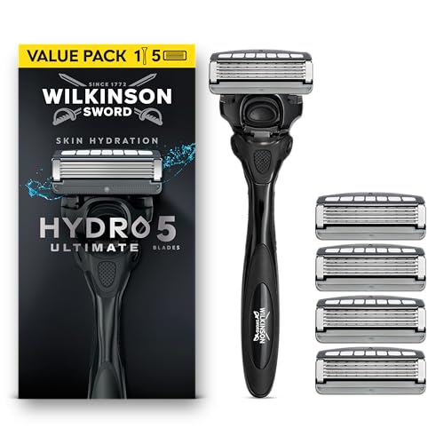 Wilkinson Sword Hydro 5 Ultimate Razors for Men, Value Pack, Hyaluronic Acid, Carbon Coated Blades, Men's Shaver Razor Handle Plus 5 Blade Refills