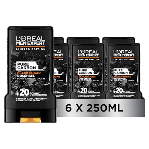 (-35%) L'Oréal Men Expert Duschgel und Shampoo für Männer, 3in1 für Körper, Haar & Gesicht, Herren Körperpflege mit 24h frischem maskulinen Duft in Parfumqualität, Pure Carbon Black Sugar Duschgel, 6x250 ml