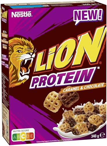 (-21%) Nestlé LION Protein Cereals, Schoko Cerealien mit Karamell, 37% Vollkorn und Protein, Frühstücksflocken mit Vitaminen & Mineralstoffen, 1er Pack (1 x 340g)