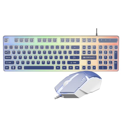 Zebronics Wired Keyboard & Mouse Combo, 104-Key, 1200 DPI, ₹ Key & Multimedia Controls, Ergonomic Mouse, 1.3m Cable, Multicolor LED (War 2, White + Bl