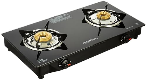 Amazon Basics 2 Burner LPG Gas Stove with Toughened Glass-top | ISI APPROVED | Tri-pin Brass Burners with spill-proof and easy-clean design | Anti-ski