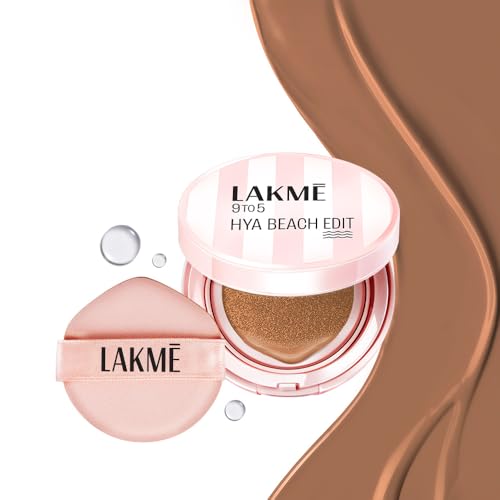 Lakme 9to5 Hya Matte, Beach Edit Cushion Foundation, C 390-Cool Cocoa, Matte Finish, Buildable Coverage, SPF 40, 12 gm