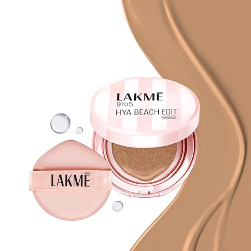 Lakme 9to5 Hya Matte, Beach Edit Cushion Foundation, N340-Neutral Almond, Matte Finish, Buildable Coverage, SPF 40, 12 gm