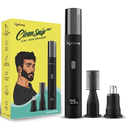 Lifelong 3-in-1 Nose, Ear & Eyebrow Hair Remover & Trimmer for Man & Women | 2 Easy to Wash Heads | Type-C Rechargeable Por…