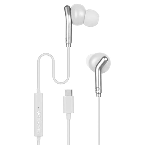 Zebronics Type-C Wired Earphones, in-Line MIC, Deep Bass, 1.2m Cable, 10mm Neodymium Driver, Light Weight, in-Ear Design, Compatible with Mobile, Tabl