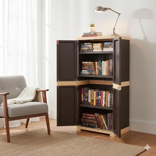 Cello Novelty Big Bookshelf, Brown & Beige | 2 Dustproof Doors | Space Saving Cupboard | Plastic Book Shelf | Multipurpose Book Shelf for Home, Office