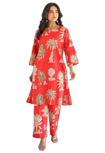 LookMark Women's Viscose Rayon Printed Stitched Kurta with Pant | Red Color Kurta Set | Kurta with Pant Set for Woman | Printed Kurta Set