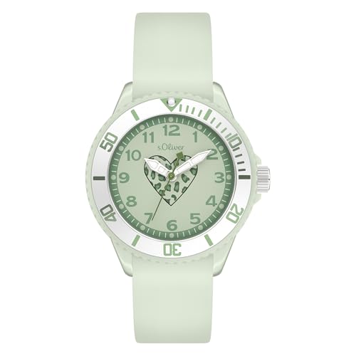 (-19%) s.Oliver Kinderuhr - Rund - Grün - 38 mm - Uhr aus Kunststoff mit Quarzwerk am Silikonband mit Dornschließe - Analoge Armbanduhr - 5 ATM wasserdicht - Kratzfest