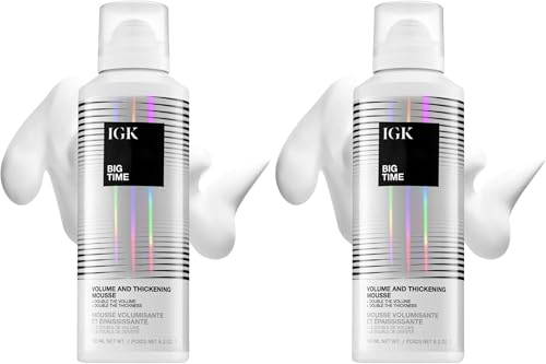 IGK BIG TIME Volume&Thickening Mousse | Flexible Hold Volumizing Styling Foam for Fine,Flat or Curly Hair | Lightweight Body,Frizz Control&Heat Protection | Vegan + Cruelty Free | 6.2 Oz,(Pack of 2)