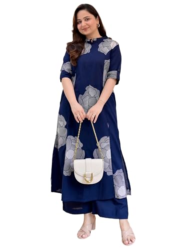 Women Viscose Blend Straight Fit Printed Kurta Palazzo Set | Mandarin Neck Outfit | Lightweight Breathable Fabric | Comfortable Elegant Styling for Of