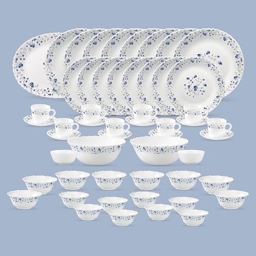 Diva Classique Collection Opal Glass Crockery | for Family of 8 | Dinner Set 53 pcs Blue Mystique | Plates, Bowls & Cups for Dining | Microwave Safe |