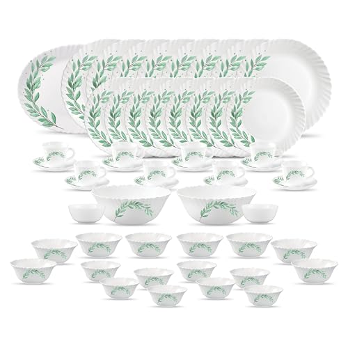 La Opala Diva Classique Collection Opal Glass Crockery | for Family of 8 | Dinner Set 53 pcs Olive Trails | Plates, Bowls & Cups for Dining | Microwav