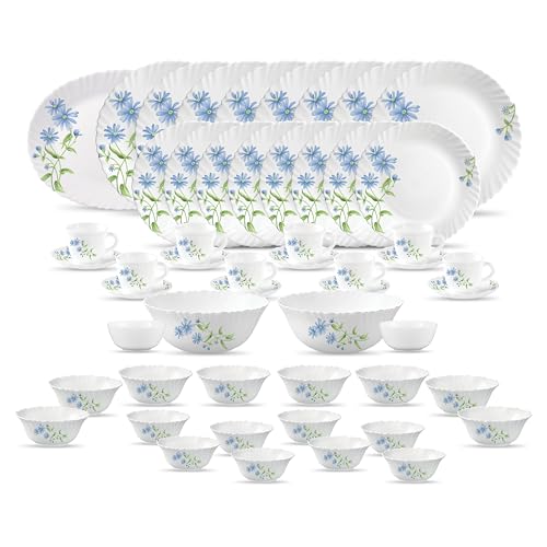 La Opala Diva Classique Collection Opal Glass Crockery | for Family of 8 | Dinner Set 53 pcs Blue Daisy | Plates, Bowls & Cups for Dining | Microwave 
